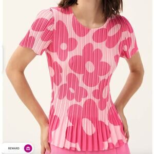 LEO & UGO YE453 Barbie Pink Pleated Summer Floral Short Sleeve Blouse Large